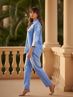 Embroidered super premium cotton co ord in blue