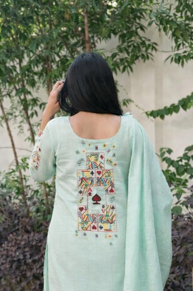 Beautiful cotton front n back embroidered suit set in blue