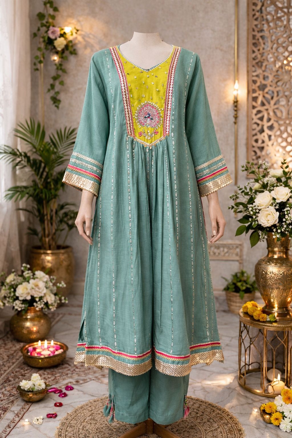 Premium Mul chanderi gotta detailing suit set in green n yellow