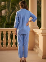 Embroidered super premium cotton co ord in blue