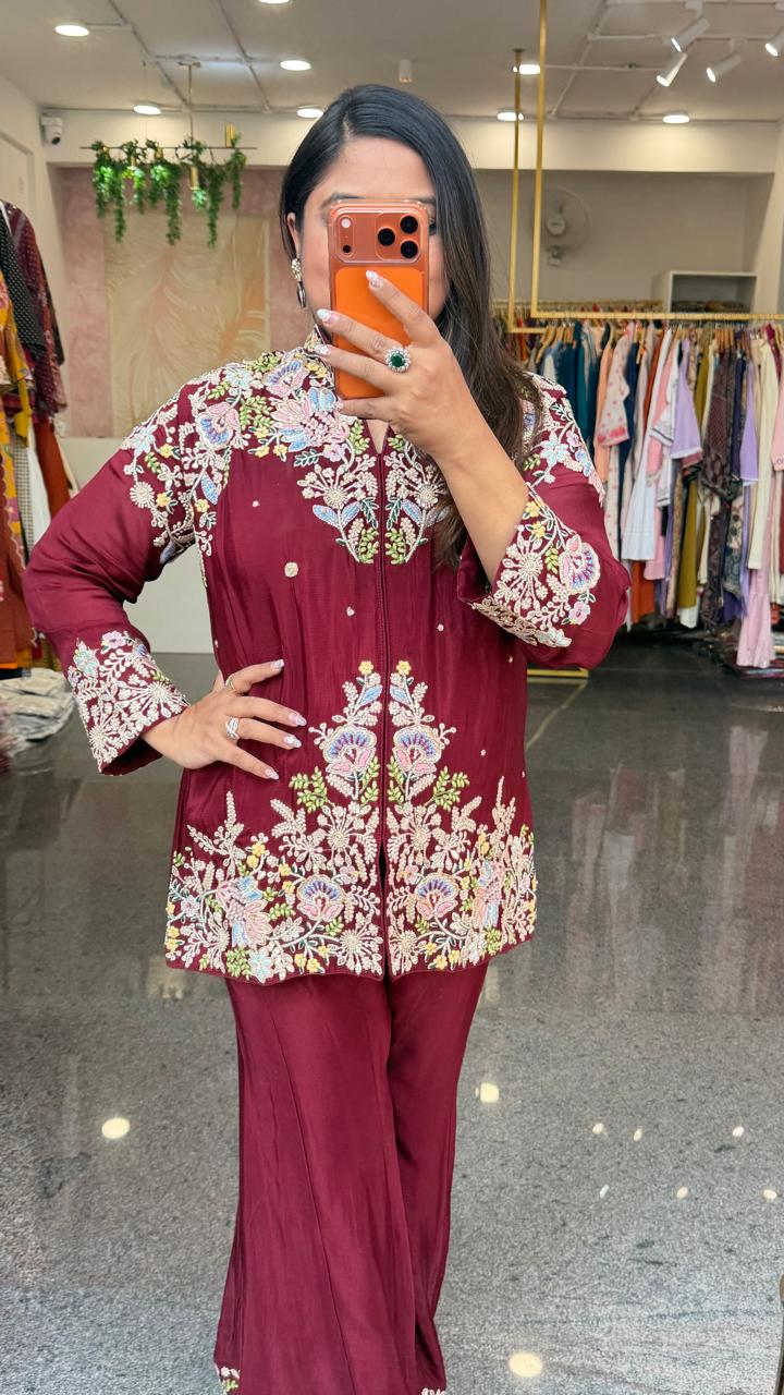 Super premium chinon with gorgeous hand embroidery co ord in maroon