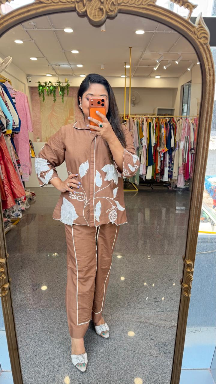Applique work cotton co ord in brown