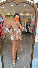 Applique work cotton co ord in brown