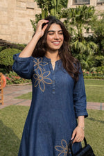 Kurta pant in denim for first time with contrast thread work and four pockets