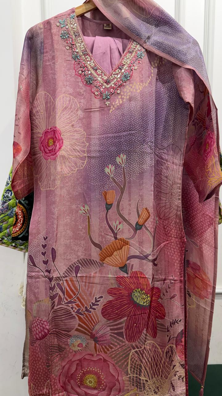Shimmer tissue digital printed Full Suit in wine