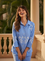 Embroidered super premium cotton co ord in blue