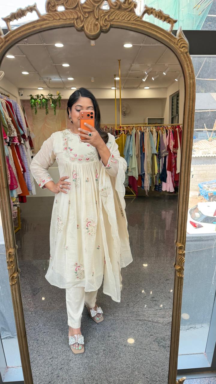 Pure Banarasi Mul chanderi intricate hand embroidery full suit set in ivory