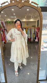 Pure Banarasi Mul chanderi intricate hand embroidery full suit set in ivory