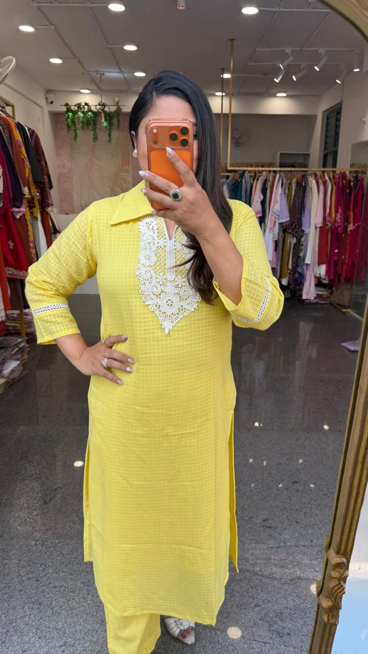 Wow premium textured cotton co ord set in yellow