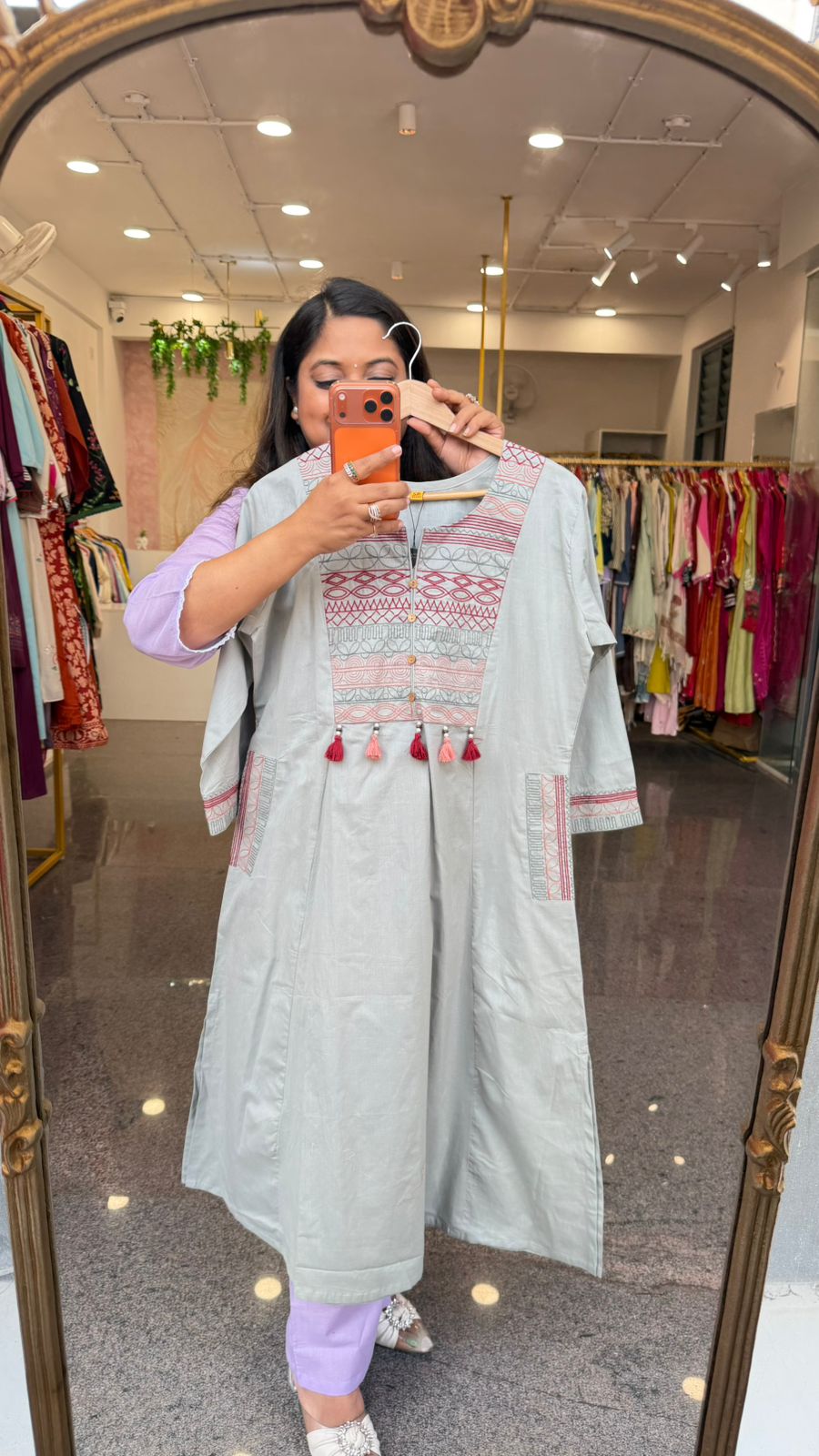 Pretty cotton katha stitch suit set paired with kalamkari dupatta