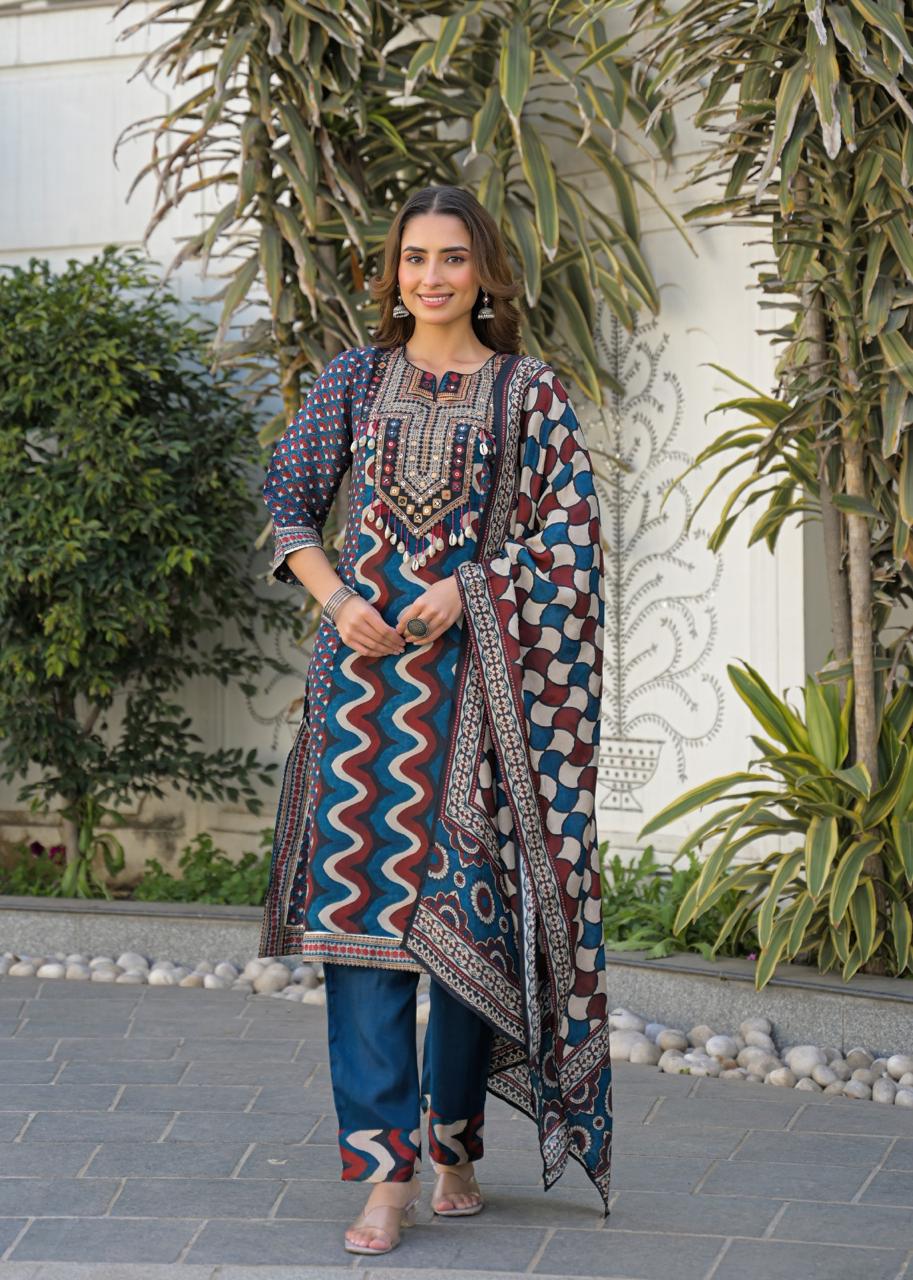 Russian silk ajrakh suit set