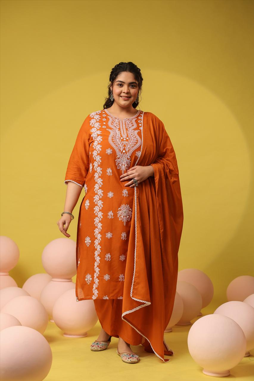 Pure Mul cotton chikankari suit set in orange
