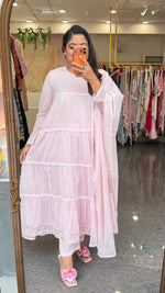 Restocked !! Feel like doll in our pretty Mul cotton lining Anarkali suit set with lace n sequins detailing in baby pink !! Dispatch Next Week