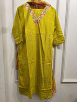 Textured cotton embroidered full suit set with printed duppatta in green