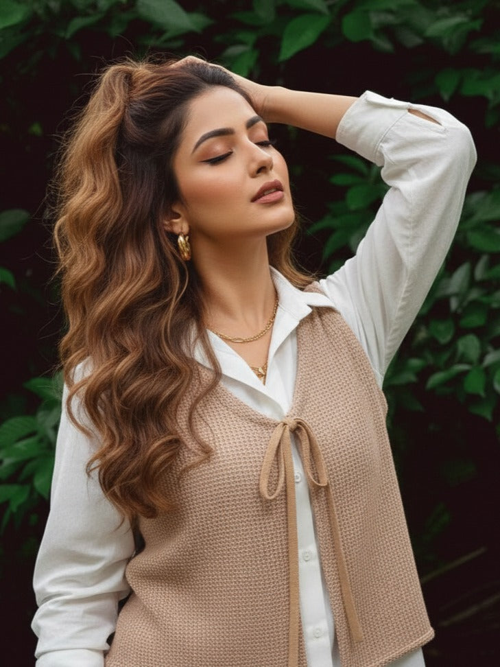Premium cotton designer co ord set in brown paper with shrug