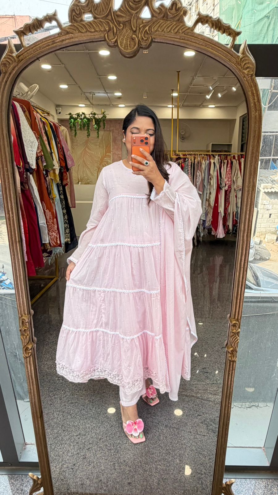 Restocked !! Feel like doll in our pretty Mul cotton lining Anarkali suit set with lace n sequins detailing in baby pink !! Dispatch Next Week