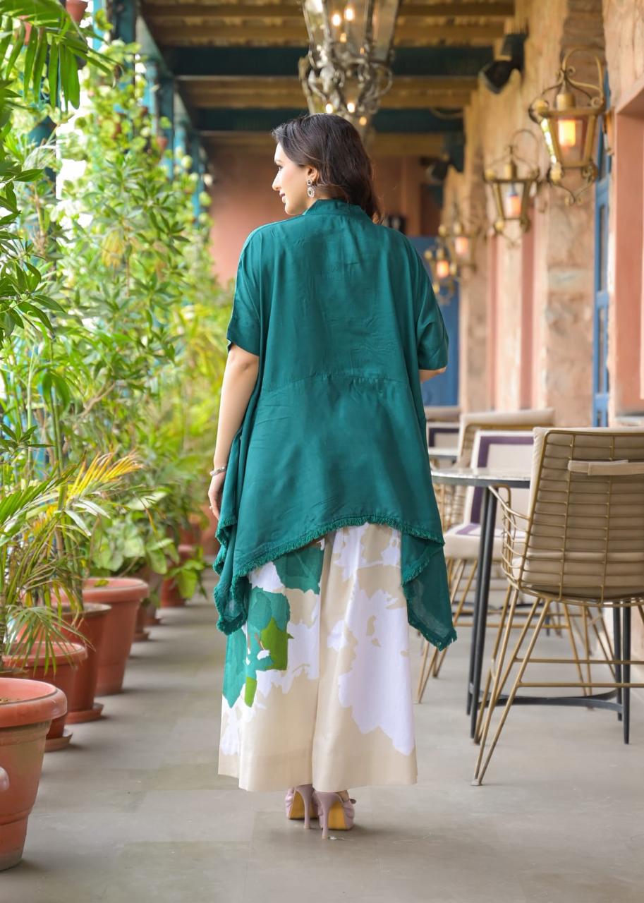Green shantoon kaftan top paired with cotton pant