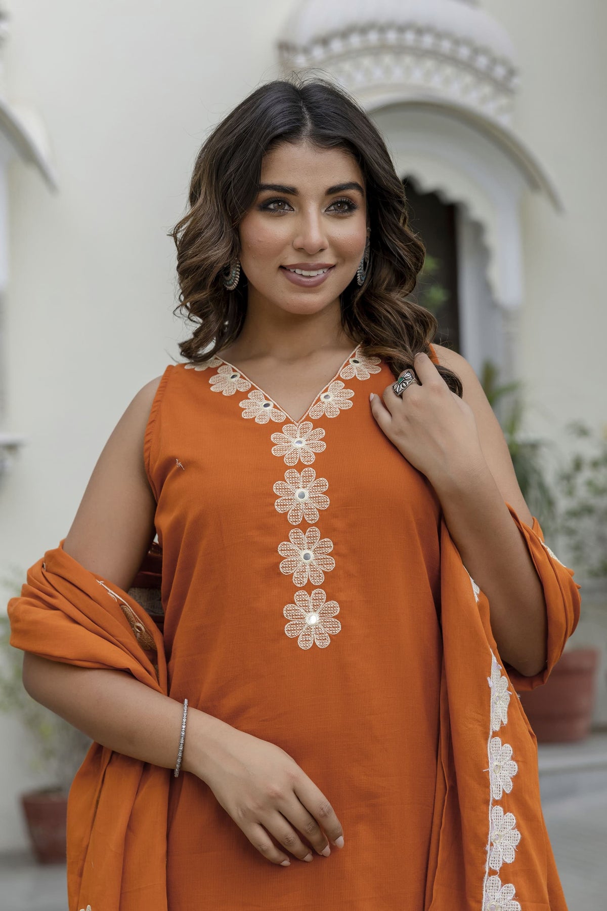 Pure cotton embroidered suit paired with Mul cotton dupatta