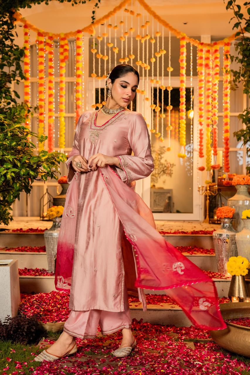 Wow dola silk zari detailing suit set in pink