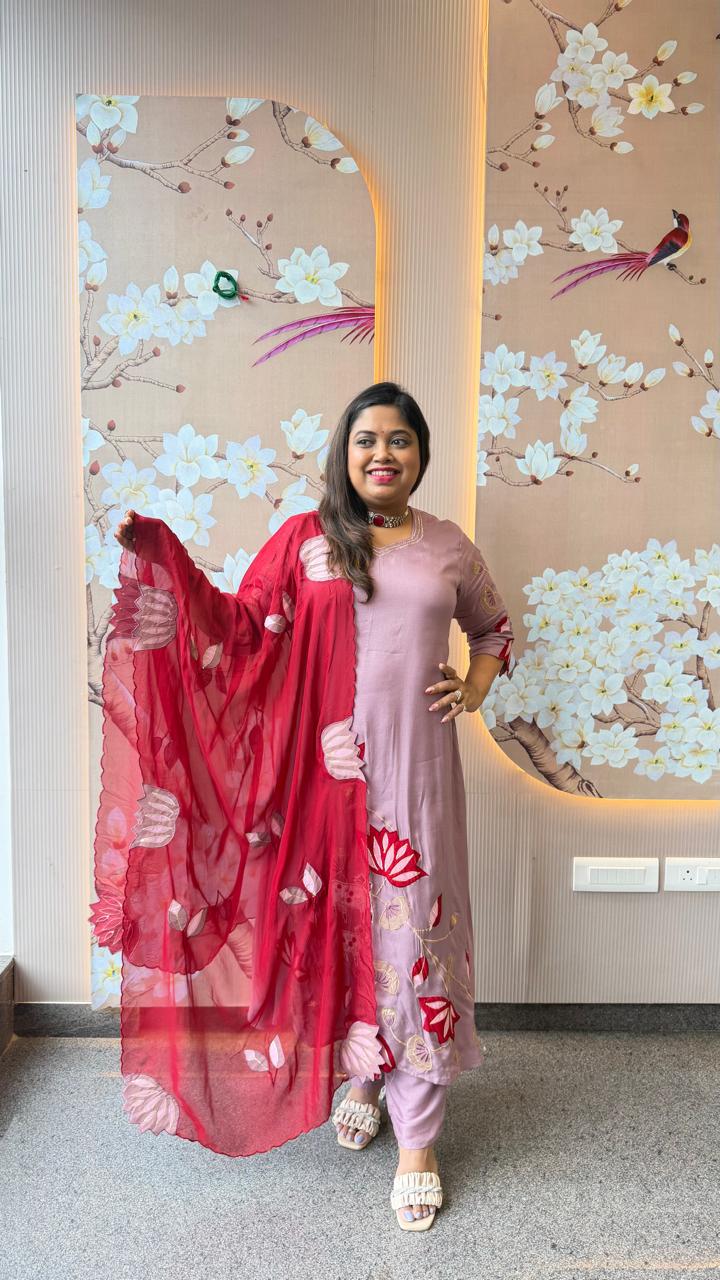 Gorgeous applique work full suit set in onion pink