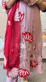 Gorgeous applique work full suit set in onion pink