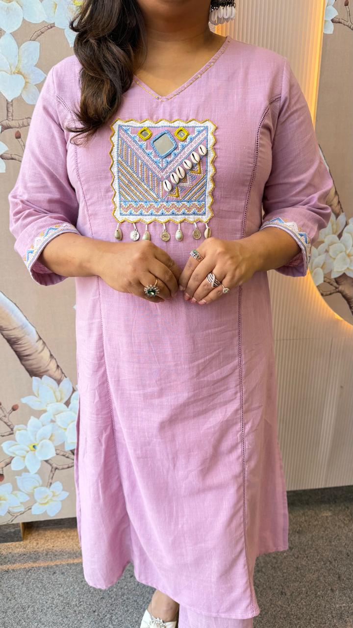 Restocked !! Powder pink cotton with applique work kurta pant !!
