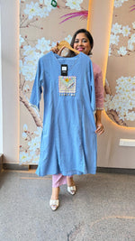 Powder blue cotton with applique work kurta pant