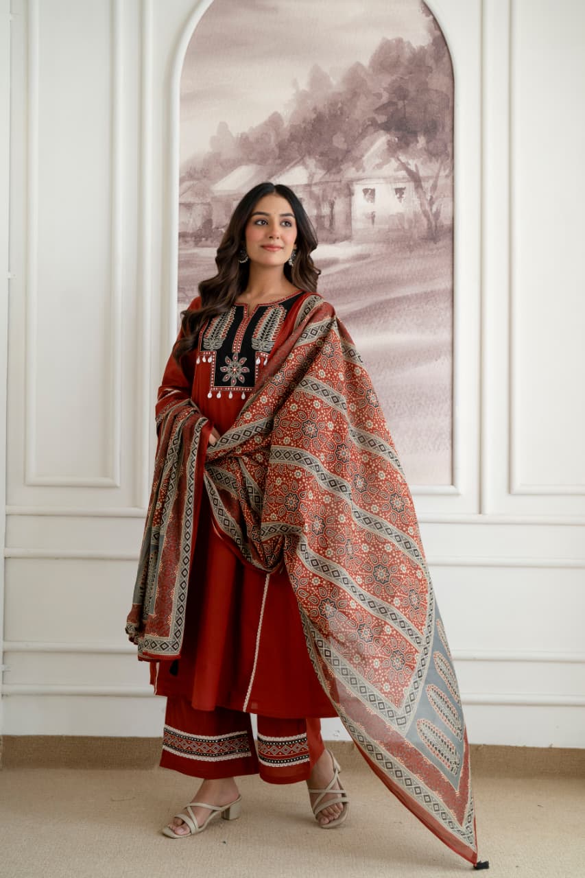 Applique work ajrakh full suit set