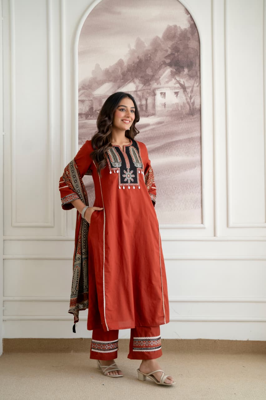 Applique work ajrakh full suit set