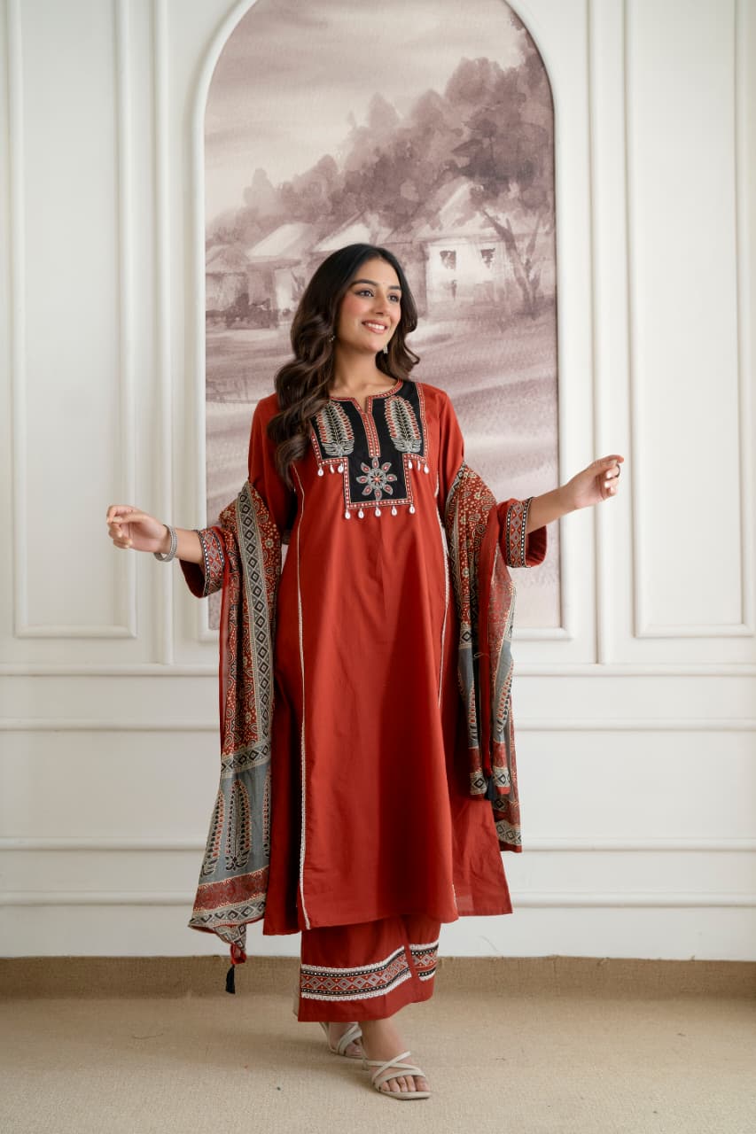 Applique work ajrakh full suit set
