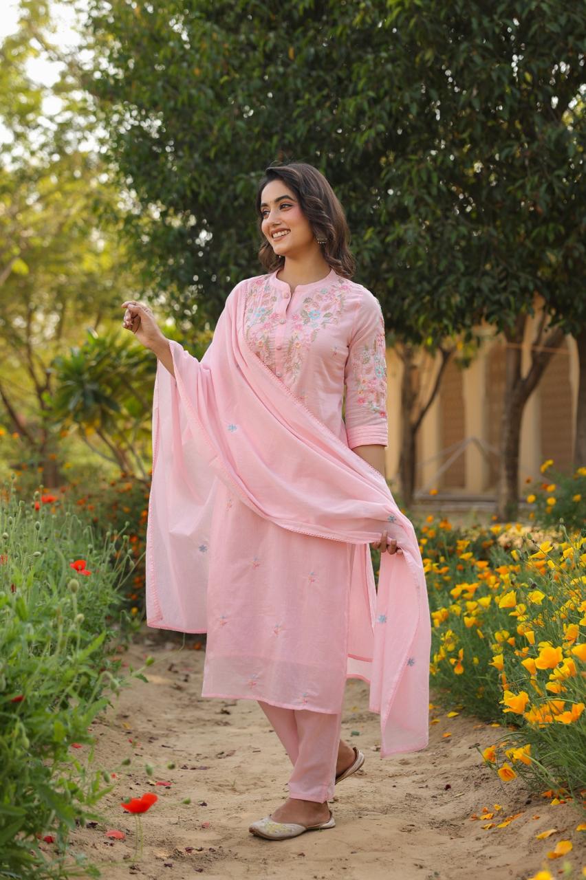 Pure Mul cotton embroidered pink lining suit set
