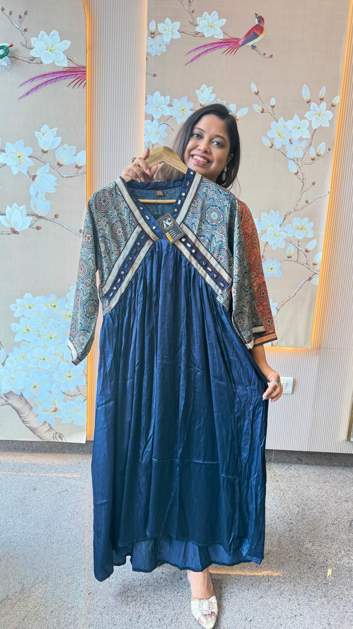 Pretty ajrakh Modale blue one piece with real mirror