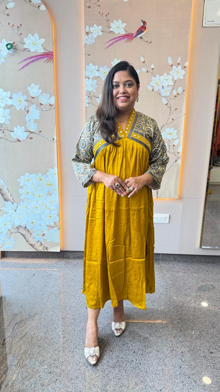 Pretty ajrakh Modale yellow one piece with real mirror