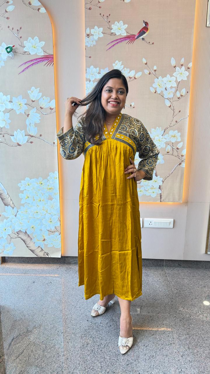 Pretty ajrakh Modale yellow one piece with real mirror