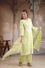 Premium Mul chanderi chikankari suit set in mint green. Designer front n back