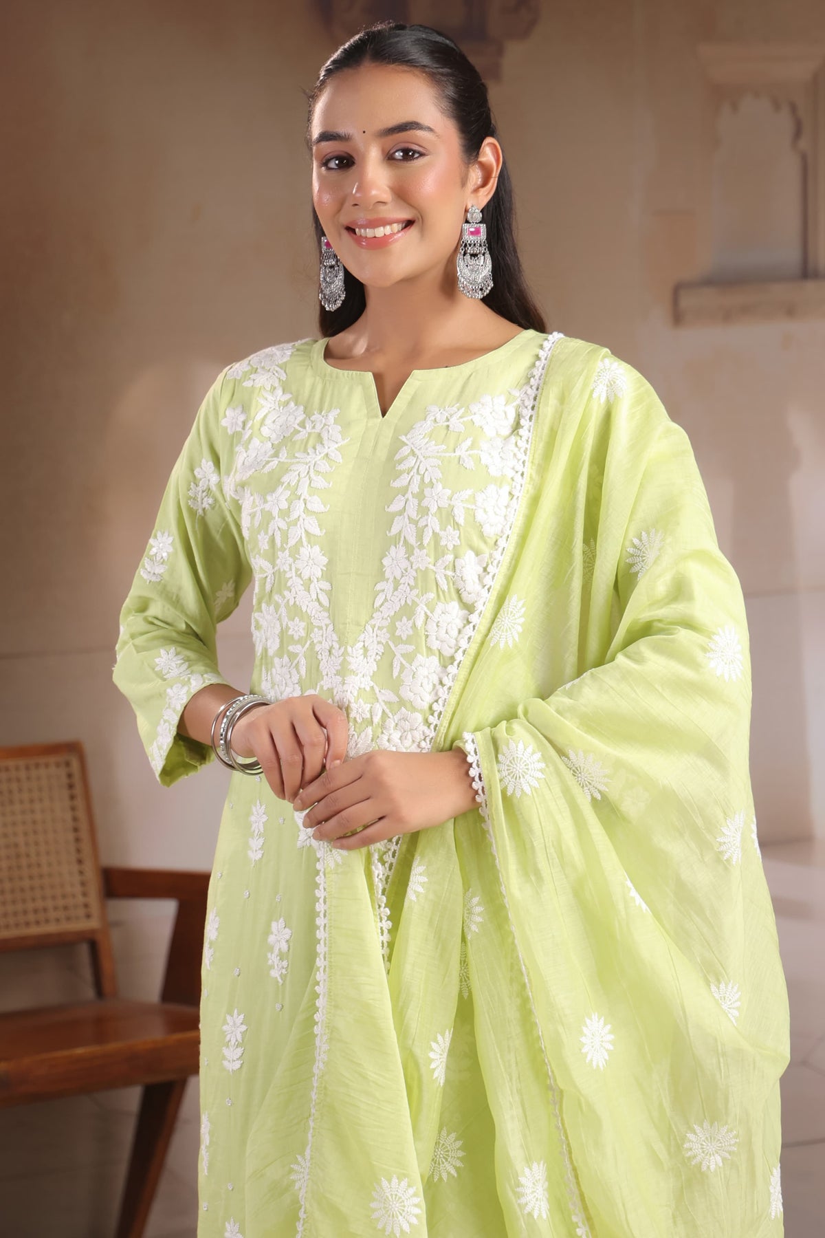 Premium Mul chanderi chikankari suit set in mint green. Designer front n back