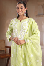 Premium Mul chanderi chikankari suit set in mint green. Designer front n back