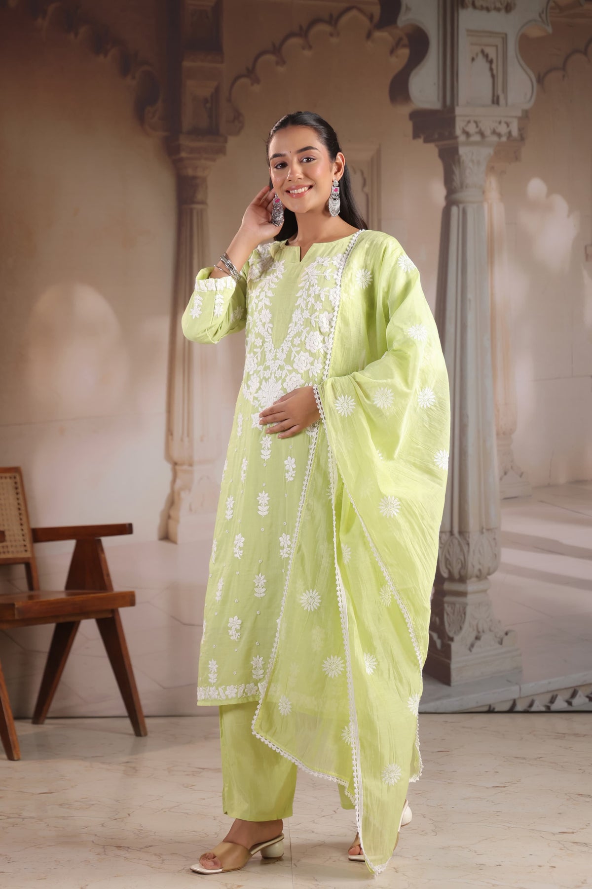 Premium Mul chanderi chikankari suit set in mint green. Designer front n back