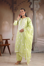 Premium Mul chanderi chikankari suit set in mint green. Designer front n back