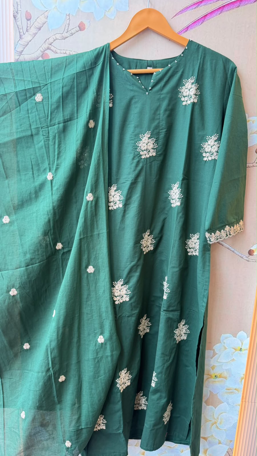 Pure cotton embroidered suit set in green