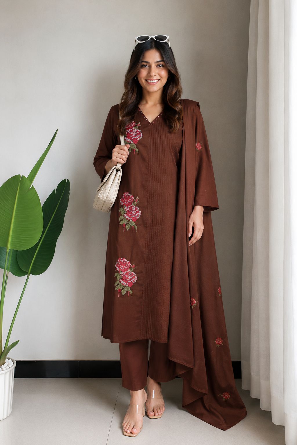 Pure cotton embroidered suit set in brown