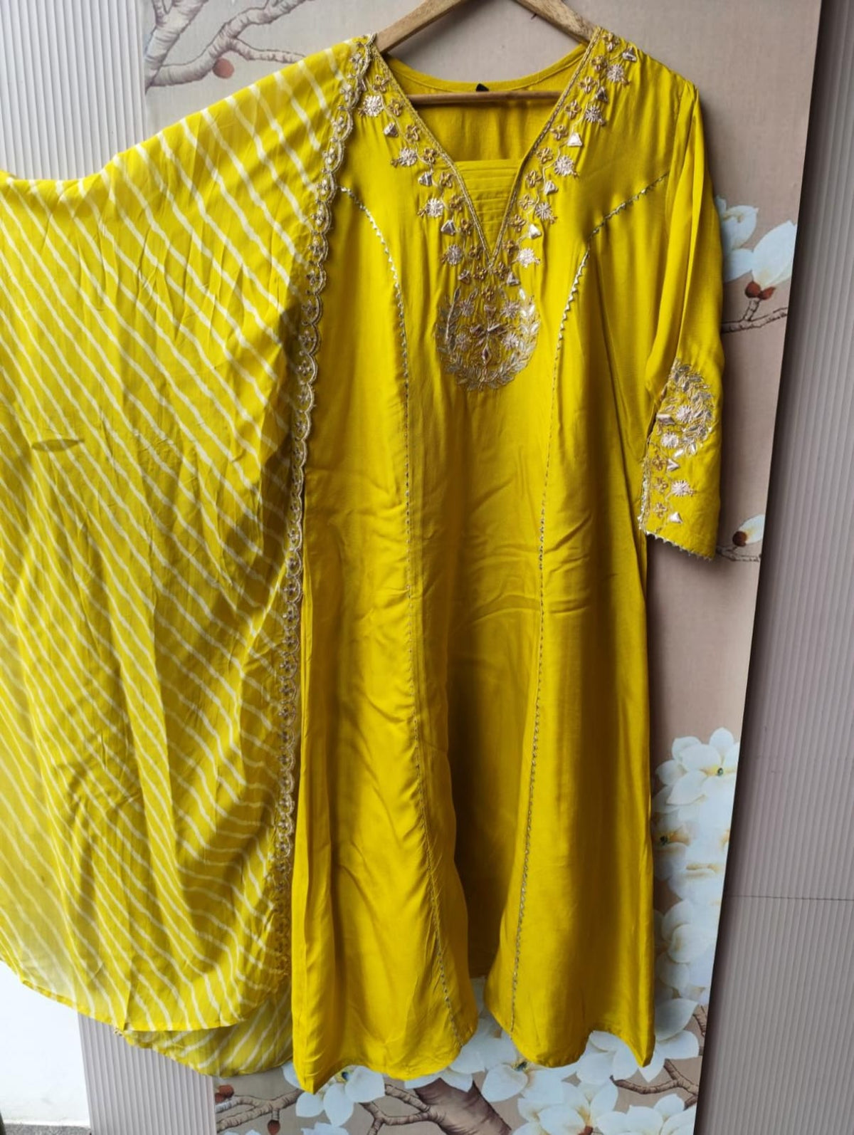 Premium dola silk with gotta detailing paired with pure orgenza dupatta in yellow