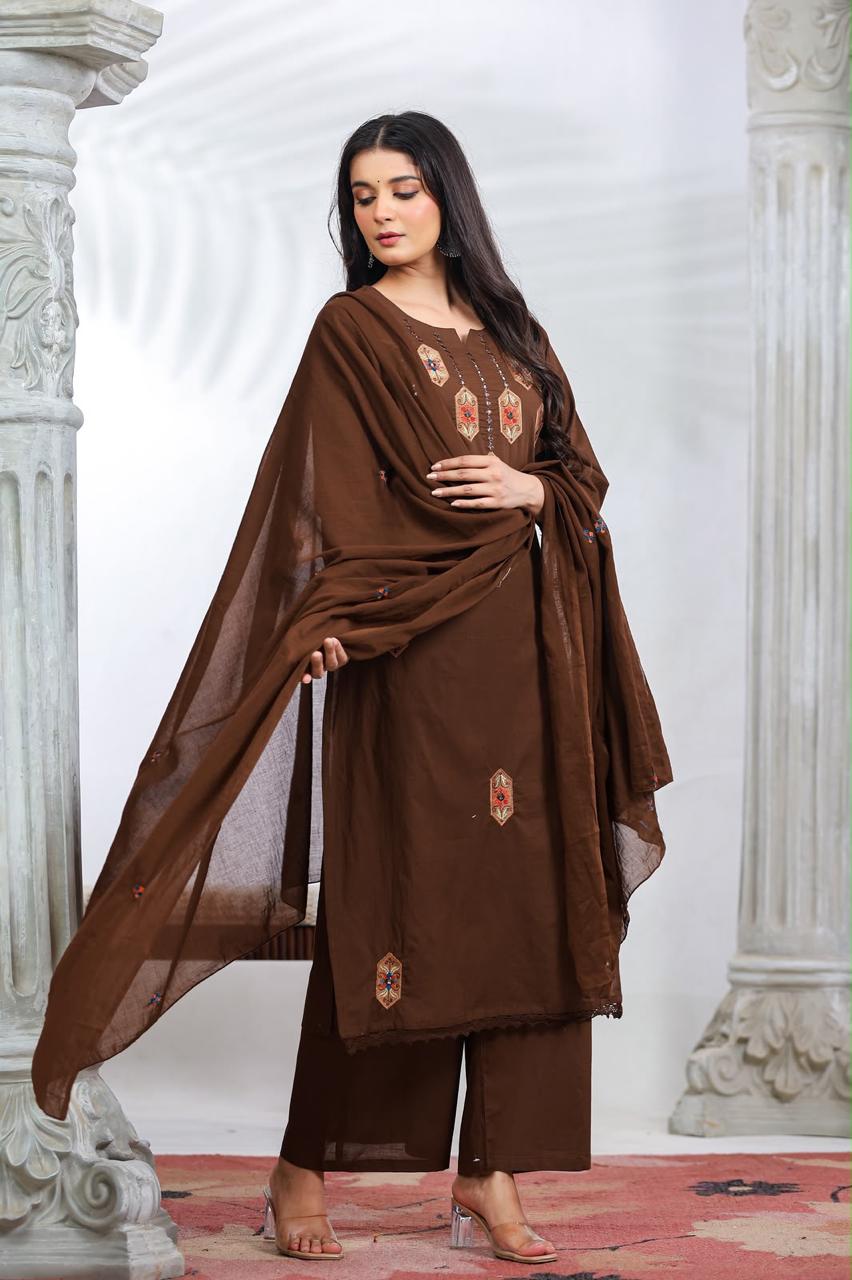Pretty cotton ajrakh suit set in brown