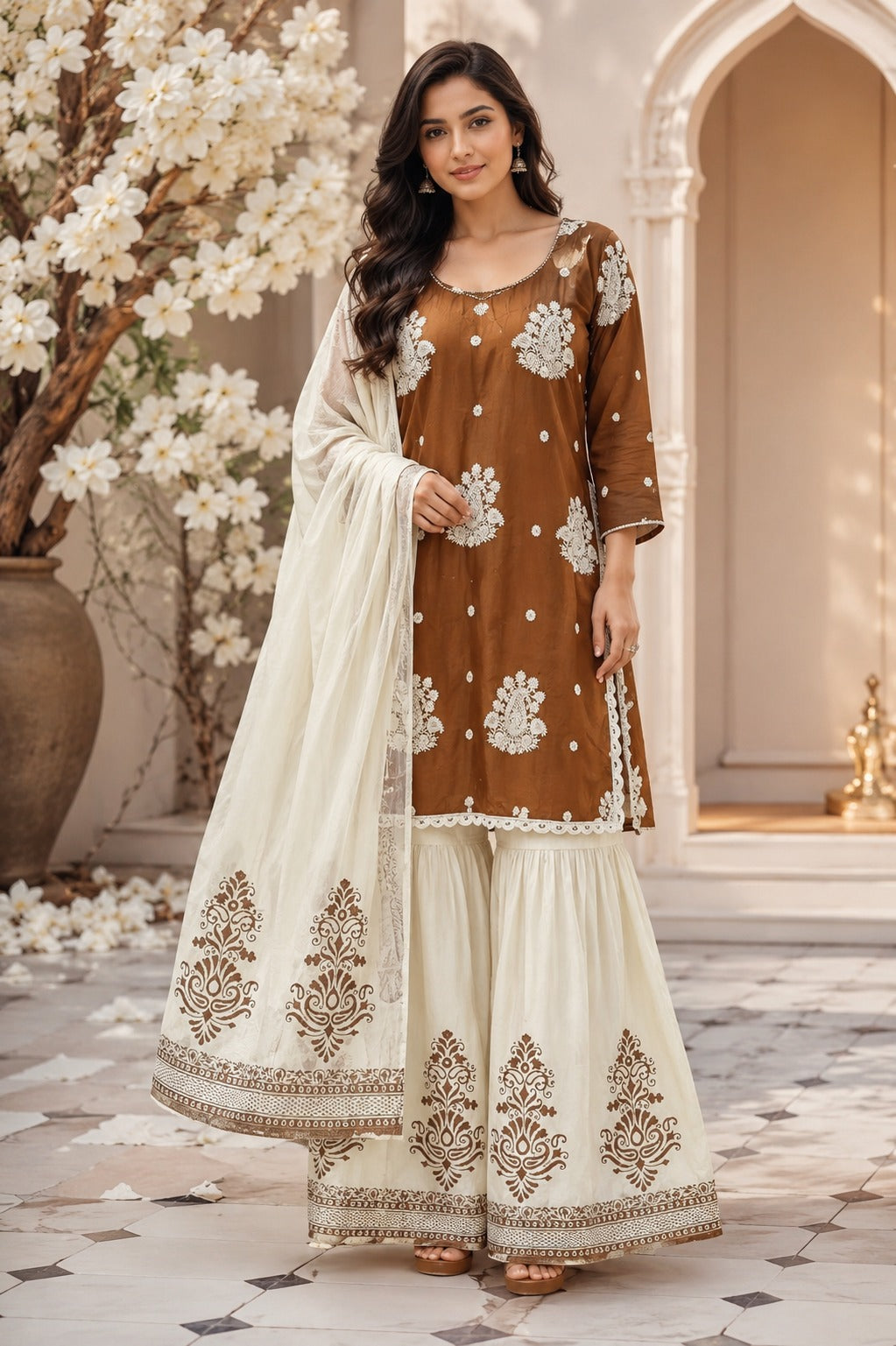Pretty cotton embroidered kurti in brown paired with block print plazzo pant