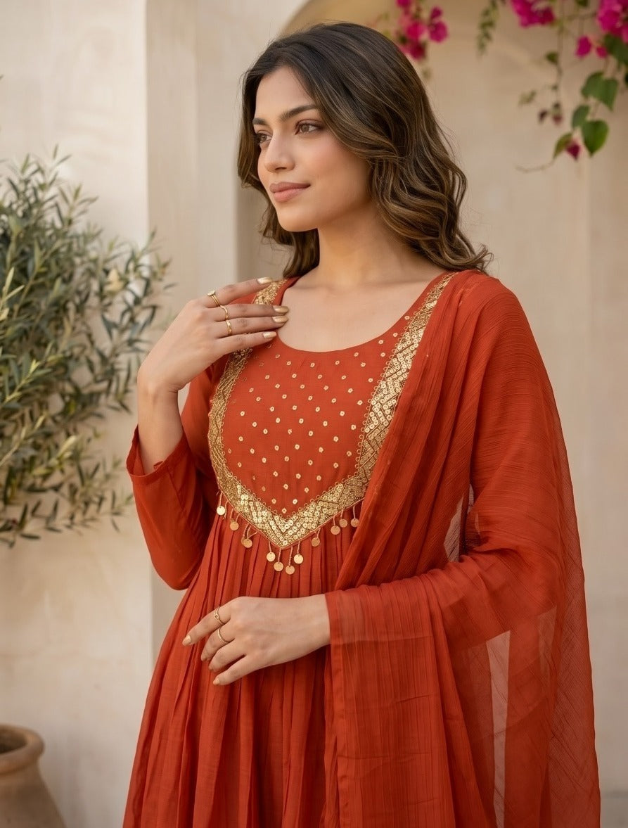 Pretty Mul chanderi with lining suit set in rust