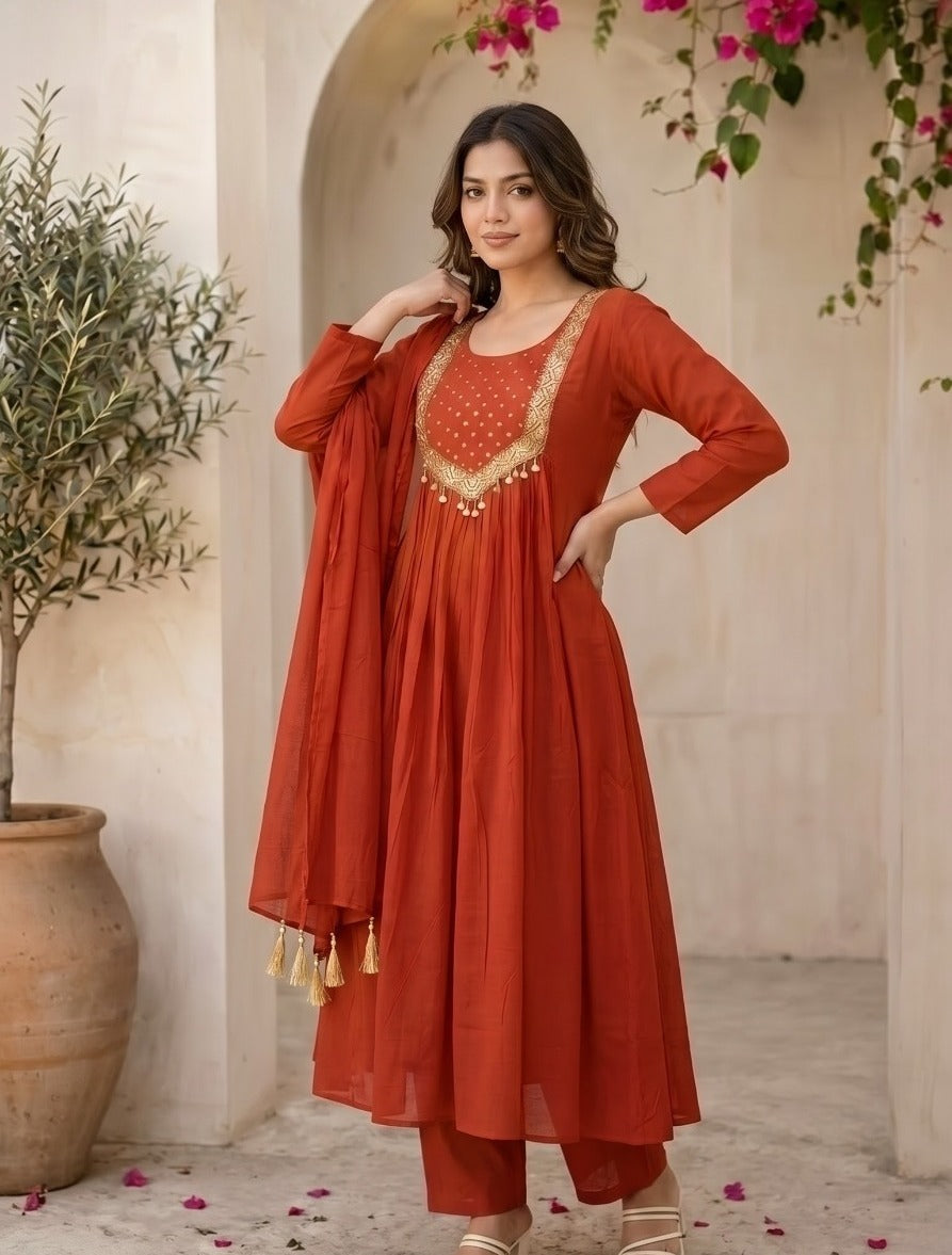 Pretty Mul chanderi with lining suit set in rust