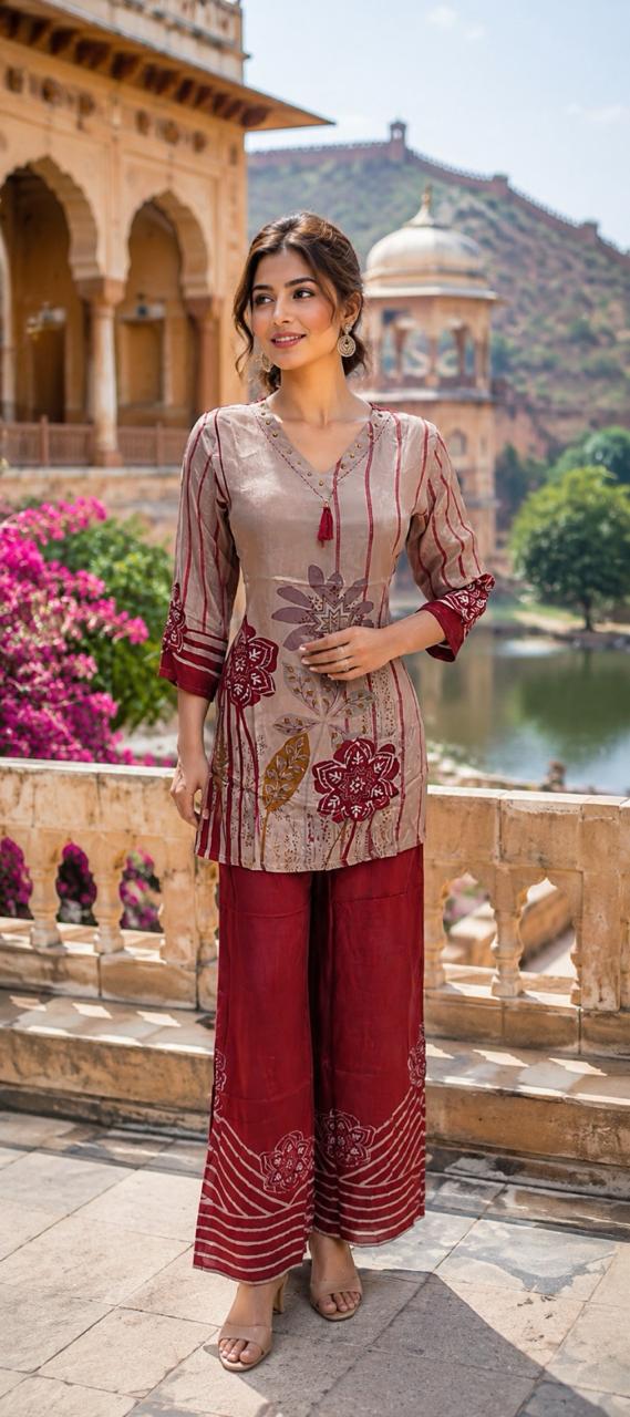 Pure crepe designer Co ord set in red