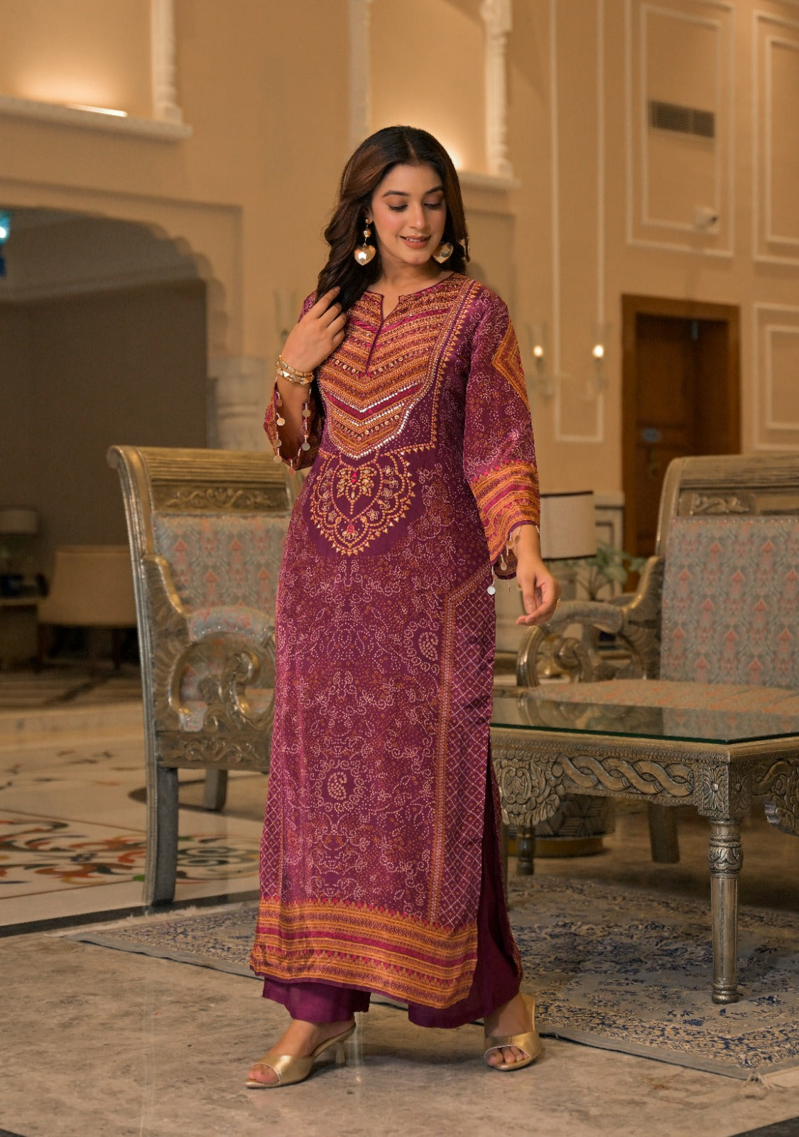 Super pretty crepe silk lining bandhani Phiran paired with pants in wine