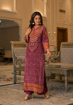 Super pretty crepe silk lining bandhani Phiran paired with pants in wine