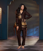 Smart gold zari weaving co ord set in chocolate brown with inner